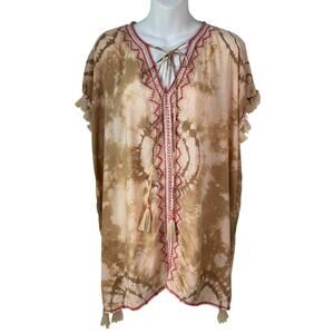 Womens Tie Dye Kaftan Small Pink‎ Tan Boho Embroidery Tassels Festival Hippie